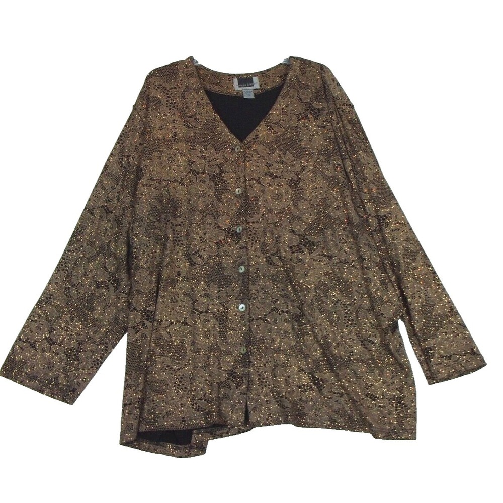 Maggie Barnes Holiday Shine Top Womens 3X Floral Sparkle Button Up